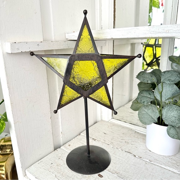 Other - Moroccan Stamped Stained Glass Star Shaped Tea Lite Candle Holder Yellow Boho